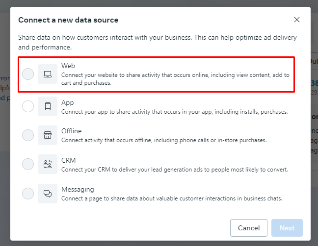 2 Meta Pixel Popup For Connecting A Data Source