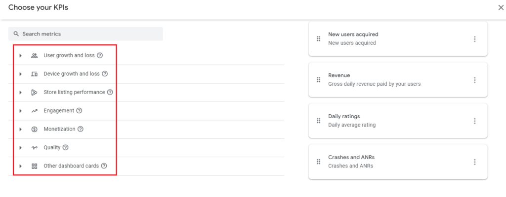 Google Play Console Specific App Dashboard All Available Metrics List