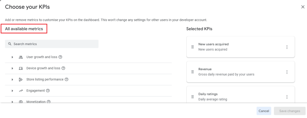 Google Play Console Specific App Dashboard Choose Your KPIs All Available Metric