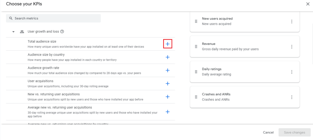 Google Play Console Specific App Dashboard Pin Metric From Dropdown List +