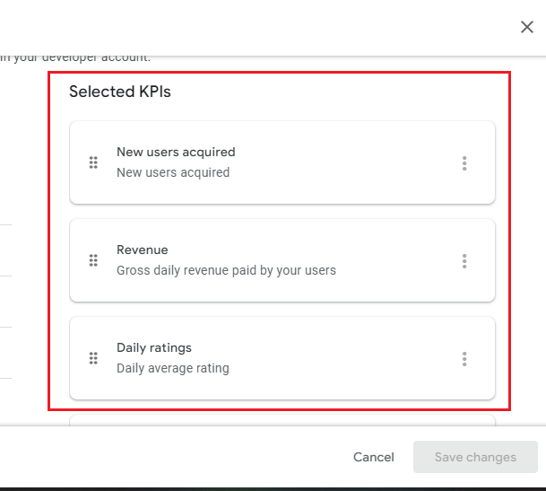 Google Play Console Specific App Dashboard Selected KPIs