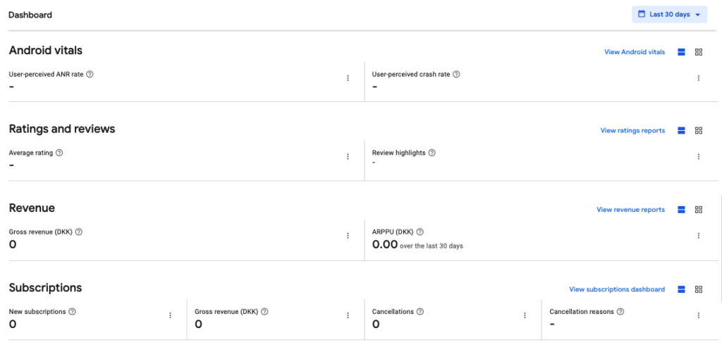 Dashboard Android vitals, Ratings and reviews, Revenue, Subscriptions