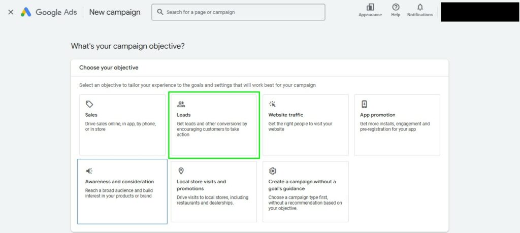Google Ads New Campaign Campaign Objective